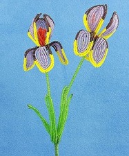 Vintage 1930s French Beaded Iris Flower, Blue Glass Seed Beads with Green Bud, 6 in. Long — listing 6