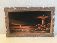 Vintage Black Velvet Seascape Oil Painting with Carved Wood Frame — listing 2