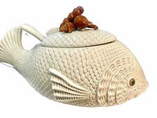 Figural Fish Soup Tureen with Lid, Pink/Mauve Majolica-Style Ceramic — listing 5