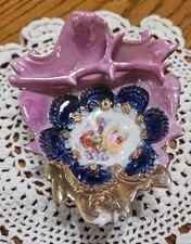 Cobalt Blue & Gold Floral Porcelain Trinket Dish with Pink Rose Center — listing 6