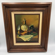 Musical Still Life Oil Painting with Violin, Sheet Music, and Books in Carved Giltwood Frame — listing 3