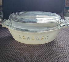 Vintage Milk Glass Casserole Dish with Green Floral Pattern and Clear Lid — listing 5
