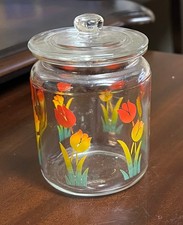 Vintage Graduated 4-Piece Ceramic Canister Set, Yellow-Green with Red Tulip Motif