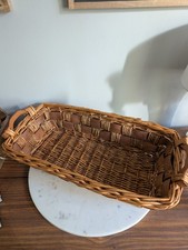 Vintage Woven Wicker Rectangular Basket with Turned Wood Handles