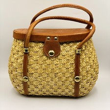 Vintage Embossed Leather and Woven Rattan Domed Lidded Storage Basket/Box — listing 2
