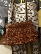 Patricia Nash Distressed Leather Studded Tote Bag in Tan/Cognac