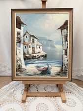 Mediterranean Harbor Scene Painting with Boats and Palm Tree, Distressed Yellow Frame — listing 2
