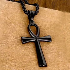 Ankh Cross Pendant with Pave CZ Diamond Clusters, Gold-Tone, 1.75 inch — listing 5