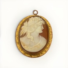 Antique Victorian Shell Cameo Mourning Brooch with Photo Locket Back, Gilt Metal Frame with Etruscan Bead Detail — listing 5