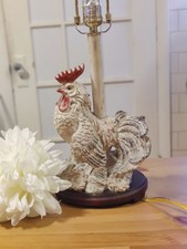 Vintage White Glazed Ceramic Rooster Table Lamp on Wood Base — listing 4