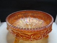 Marigold Carnival Glass Three-Footed Rose Bowl with Daisy/Cabbage Rose Pattern — listing 6