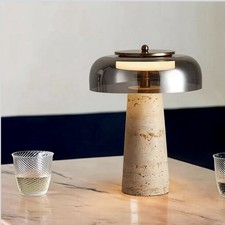 Travertine & Brass Mushroom Table Lamp with White Dome Glass Shade — listing 3