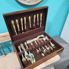 Vintage Ornate Stainless Steel Flatware Set in Wood Storage Chest, Mixed Service — listing 2