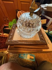 Vintage Pressed Glass Footed Covered Candy Dish with Grape & Leaf Pattern — listing 5