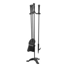 Vintage Cast Iron & Brass Fireplace Tool Set with Flame Finials on Stand — listing 4