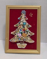 Vintage Costume Jewelry Christmas Tree Framed Art on Purple Velvet — listing 6