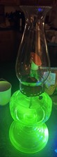 Vintage Uranium Glass Kerosene Oil Lamp with Green Vaseline Glass Font and Clear Glass Chimney, 17 inches tall — listing 3