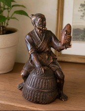 Vintage Asian Carved Wooden Fisherman Statue with Fish and Rod — listing 2