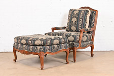 French Provincial Louis XV Style Fauteuil Armchair with Damask Upholstery — listing 6