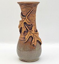 Handmade Studio Pottery Planter with Incised Oak Leaf and Acorn Design, Green Glazed Interior