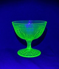 Depression Era Green Uranium Glass Champagne/Tall Sherbet with Etched Floral Band — listing 5