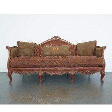 Traditional Distressed Leather Three-Seat Sofa with Carved Wood Frame