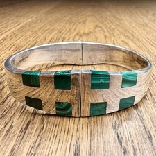 Vintage Mexican Sterling Silver Bangle Bracelet with Green Malachite-Style Inlay 925 / Sterling Mexico