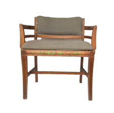 Vintage Wood Vanity Bench with Curved Back and Upholstered Tapestry Seat — listing 3