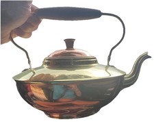 Vintage Copper and Brass Miniature Kettle with Swing Handle and Chained Lid — listing 4