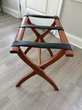 Vintage Folding Wood Luggage Rack with Green & Pink Striped Webbing Straps — listing 2