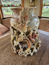 Chinese Hand-Carved Soapstone Bookend with Bird of Paradise & Foliage, Grey-Green, 5" Tall — listing 6