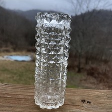 Vintage Pressed Glass Cylinder Vase with Diamond and Swirl Pattern, 8 inches — listing 6