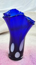 Cobalt Blue Hand-Blown Art Glass Trumpet Vase with Ruffled Fluted Rim and Clear Applied Foot — listing 5