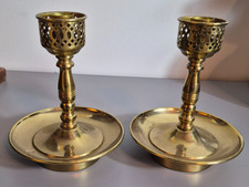 Pair of Vintage Solid Brass Turned Candlesticks with Faceted Knop and Square Stepped Bases — listing 6
