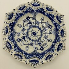 Blue and White Reticulated Porcelain Footed Compote with Hand-Painted Floral Center — listing 5