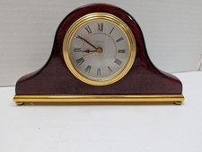 Vintage Quartz Wood Mantel Clock with Roman Numeral Dial and Ornate Brass Corners — listing 5