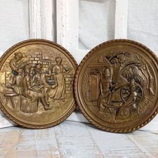 Vintage Brass Repoussé Wall Charger with Black Metal Rim - Flemish Tavern Scene — listing 4