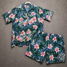 Vintage Hawaiian Print 2-Piece Set — Navy & Tan Floral Open Blouse and Elastic-Waist Pants — listing 2