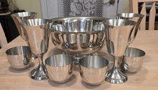 Vintage Polished Aluminum or Pewter-Style Footed Punch Bowl with Matching Ladle — listing 4