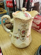 Antique Victorian Blushware Teapot with Matching Stand, Art Nouveau Form, Pink Rose Transfers & Gilt — listing 4