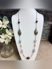 Beaded Station Necklace with Faceted Quartz, Amazonite Coin Beads & Crystal Bicone Accents — listing 4