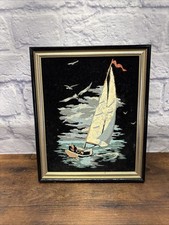 Vintage Black Velvet Seascape Oil Painting with Carved Wood Frame — listing 4