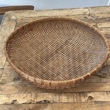 Pair of Vintage Woven Wicker Winnowing Baskets / Round Flat Trays — listing 2