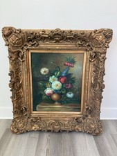 Original Oil Painting of Pink Chrysanthemums in Vase, Gold Framed Floral Still Life — listing 6
