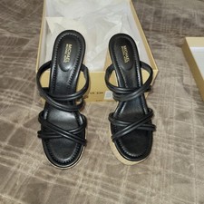Michael Kors Black Leather Platform Sandals with Gold MK Logo Medallion, Size 8.5M — listing 3