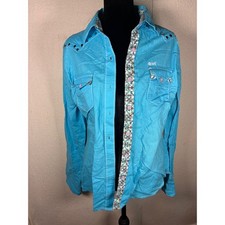 Cruel Girl Western Women's Cold Shoulder Denim Snap Shirt with Chevron Embroidery, Size Medium, Blue — listing 2