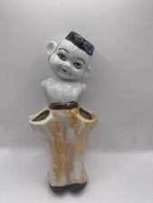 Vintage Japan Bisque Figural Toothbrush Holder - Blonde Boy in Blue Overalls on Bench with Dog — listing 3
