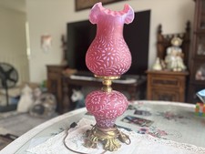 Vintage Cranberry Glass Two-Tier Table Lamp with Diamond-Quilted Shade and Ornate Brass Base — listing 6