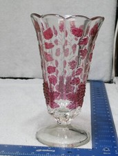 Vintage Clear Glass Trumpet Vase with Gold Gilt Grape Leaf Design and Banding — listing 4