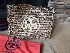 Tory Burch Metallic Gold Woven Straw & Silver Leather Chain-Strap Tote Purse — listing 5